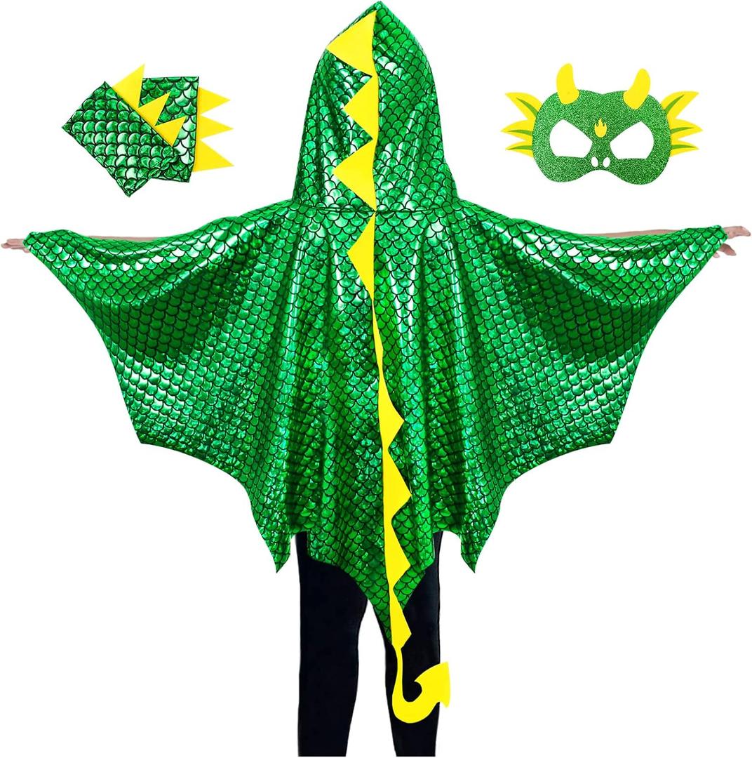 Dragon-Wings-Costume for Kids Toddler Boys Dress-Up Clothes, Dinosaur-Cape and Mask Gloves as Girls Dino Party Gift (Metallic Green)