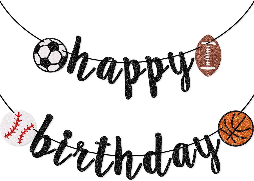 Sports Happy Birthday Banner, Glitter Sports Birthday Banner, Football, Baseball, Soccer, Basketball (Black)