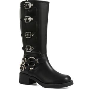 AMINUGAL Knee High Boots Women Square Toe Pull On Wide Calf Riding Fashion Buckles Chunky Metallic Casual Vintage Buckle Rivet (8.5)