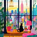 Puzzle for Adults 1000 Pieces, Cat in New York, Colorful Relaxing Jigsaw Puzzle, Mate Finish, Poster Included 1000 piece Puzzle for Adults, Stress Relief Art Puzzle.