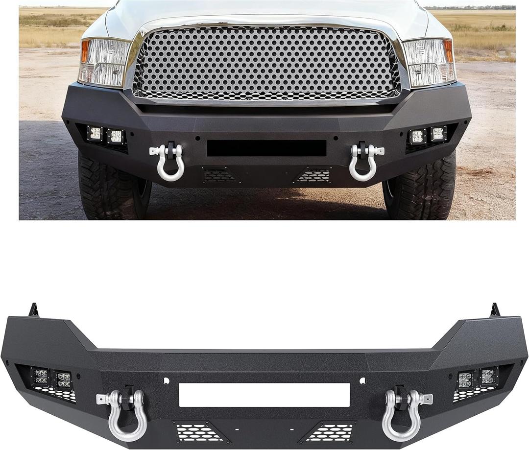 Front Bumper Compatible with 2013-2023 Dodge Ram 1500 Classic 2WD 4WD W/4 x LED Lights + 2 x D-rings Steel Powder Coated Black (2 Packages)