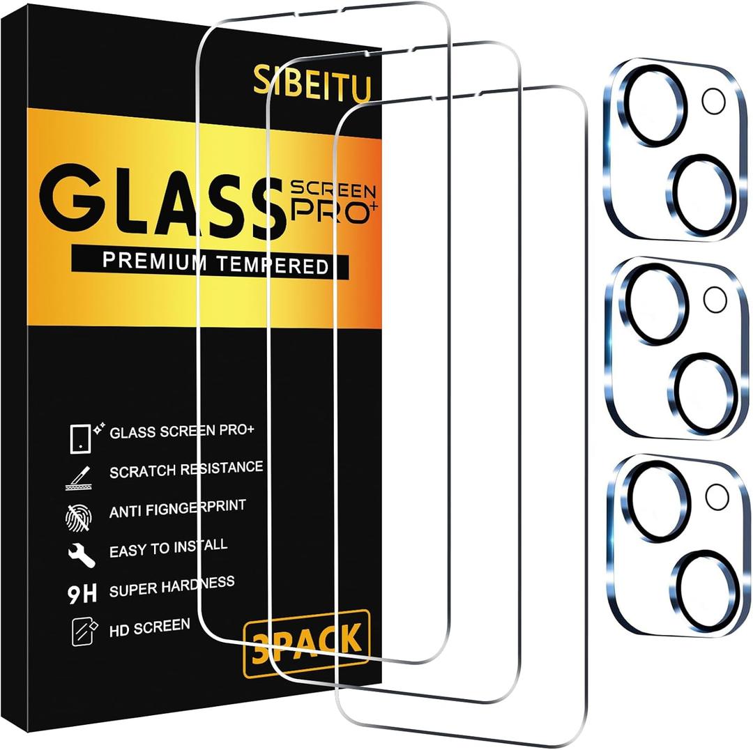 SIBEITU 3 Pack Screen Protector for iPhone 15 with 3 Pack Camera Lens Protector, 6.1 Inch HD Clear 9H Hardness Tempered Glass Film, Scratch Resistent, Easy Installation, Bubbles Free