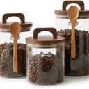 Glass Food Storage Canisters with Airtight Bamboo Lids Set of 3 Clear 34oz Jars with Wooden Spoons, Stackable Kitchen Storage Containers for Coffee, Tea, Sugar, Flour, and Pantry Organization