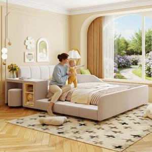 Merax Full Size Velvet Bed Frames Upholstered Grounded Bed, Wooden Mother & Child Bed with Bedside Desk and Little Round Stool, Kids Adults Bedroom Floor Platform Bed, Beige