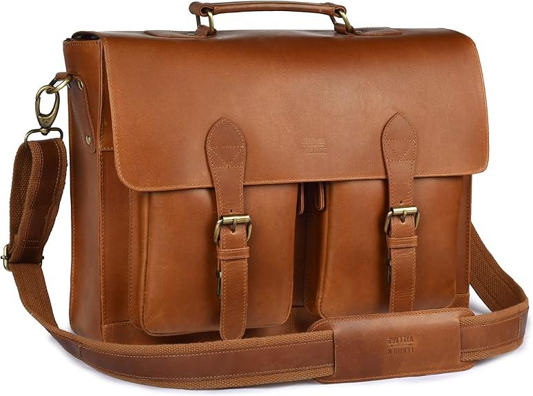 LEATHER VILLAGE Briefcase Leather Messenger Bag for Men-16'' Handmade Vintage Laptop Satchel Crossbody Bag for Work/Travel