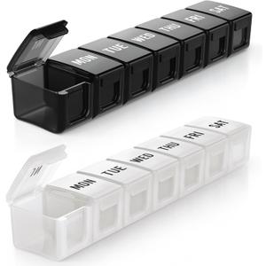 BUG HULL Weekly Pill Organizer Large 2 Packs, Extra Large Travel Pill Organizers, Pill Box 7 Day, Travel Pill Case, Medicine Pill Organizer for Vitamins, Supplements and Medications (Black+White)