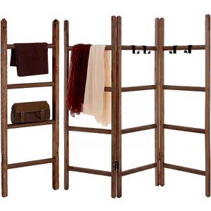 CroBlissful 3 Panel Blanket Ladder, 56.7" H Rustic Wood Quilt Display Rack, Foldable Free Standing Towel Ladder with 9 Hooks, Decorative Blanket Holder for Living Room Bedroom Bathroom Farmhouse Decor