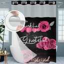 No Hook Shower Curtain with Snap in Liner, Pink Rose Flower Thankful Grateful Blessed Bathroom Curtain with Double Layers Waterproof Fabric and Mesh Top Window, Romantic Showy Floral Home Bath Decor