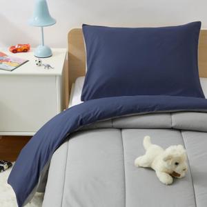 Amazon Basics Kids' 3 Piece Lightweight Cotton Shell Reversible Comforter Set with Sham, USCTP Certified Cotton Shell, Navy Blue and Grey, Solid (Twin)