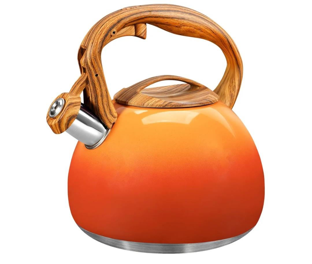 GGC Tea Kettle for Stove Top, 3.1QT/3L Whistling Tea Kettles for Boiling Water, Coffee or Milk, Red Sunset Tea Pot with Wood Pattern Handle, Stainless Steel Tea Pot for Home and Kitchen