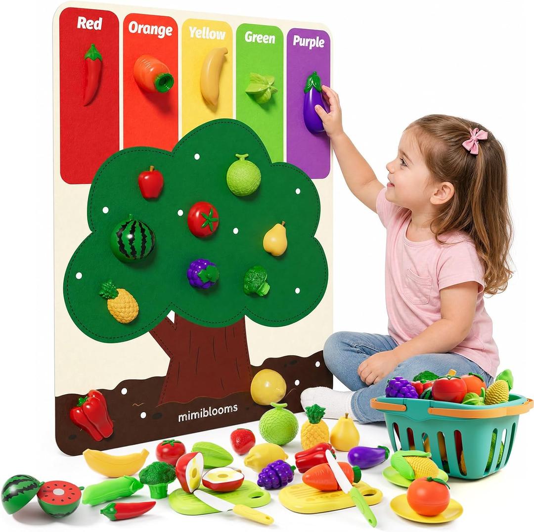 ALASOU Cutting Play Food Set with Felt Tree Mat & Storage Basket, Pretend Play Toys for Kids Kitchen Accessories, Color Sorting Set, Preschool Learning Activities for Toddlers 3 4 5 6 Boys Girls Gifts