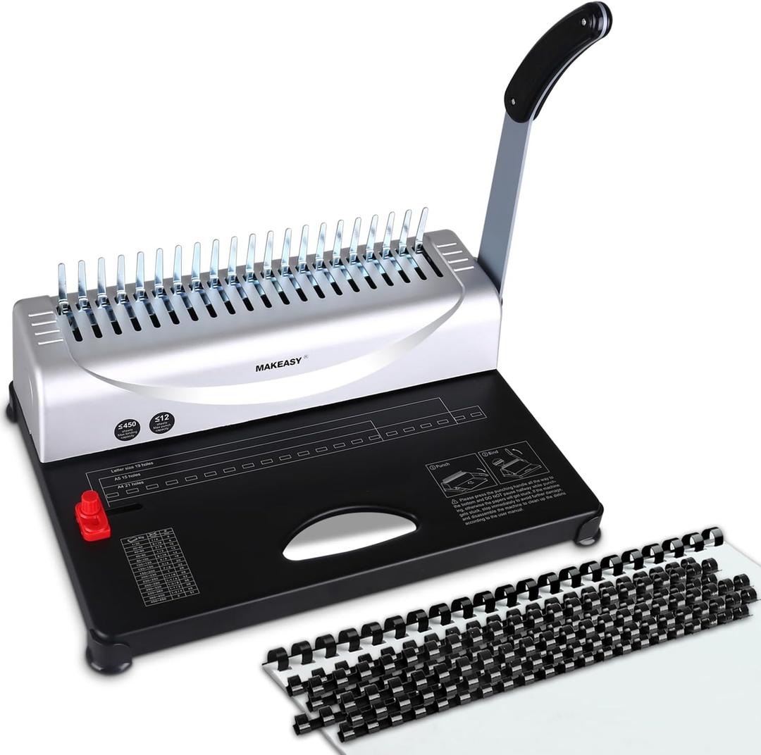 MAKEASY Comb Binding Machine - Punch 12 Sheet, Easy Punch No Jam, Heavy-Duty Metal Build, for Office Reports & School Home Projects, Includes 100 Combs, Letter/A4/A5 Compatible (Silver)