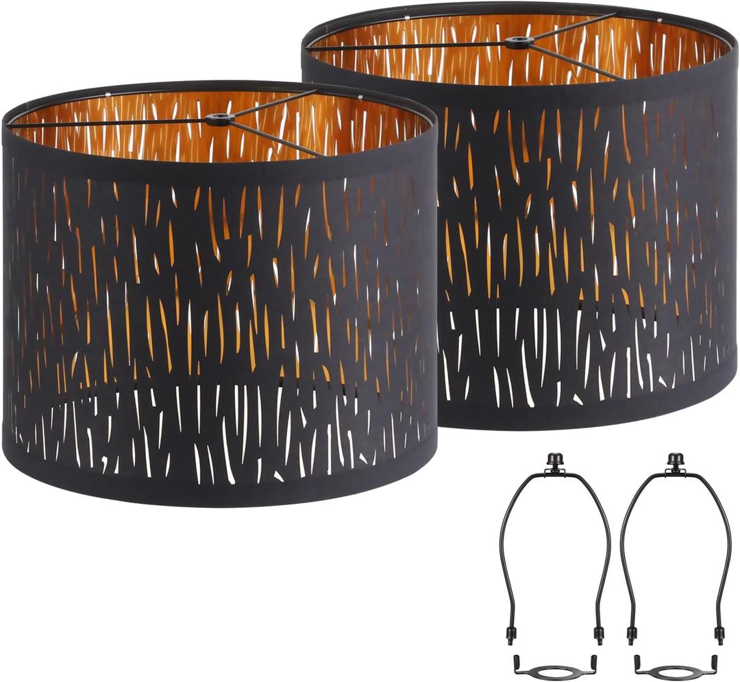 Black Lampshades Set of 2, Drum Lamp shade with Hollow-carved Design, 12.7" x 12.7" x 10 Inches Lampshades for Table Lamp, Floor Lamp, Pendant Light, Lamp Shade Harp Holder Included