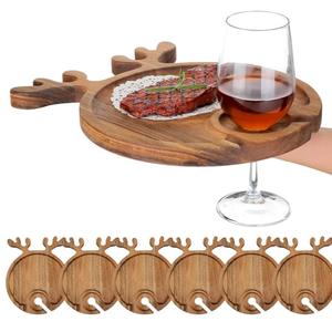 Maxcheck 6 Pcs Christmas Charcuterie Boards 12 Inch Wine Appetizer Plates Acacia Wood Xmas Cutting Board Platters Serving Tray Dish Deer Antler Cocktail Plate with Wine Holder Decor for Kitchen Gift