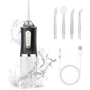 Water Dental Flosser Teeth Irrigator with 3 Modes Cordless Water Teeth Cleaner with 4 Replace Sprinkler Head IPX7 Waterproof Rechargeable Portable for Travel Home Braces Bridges Care (Black)