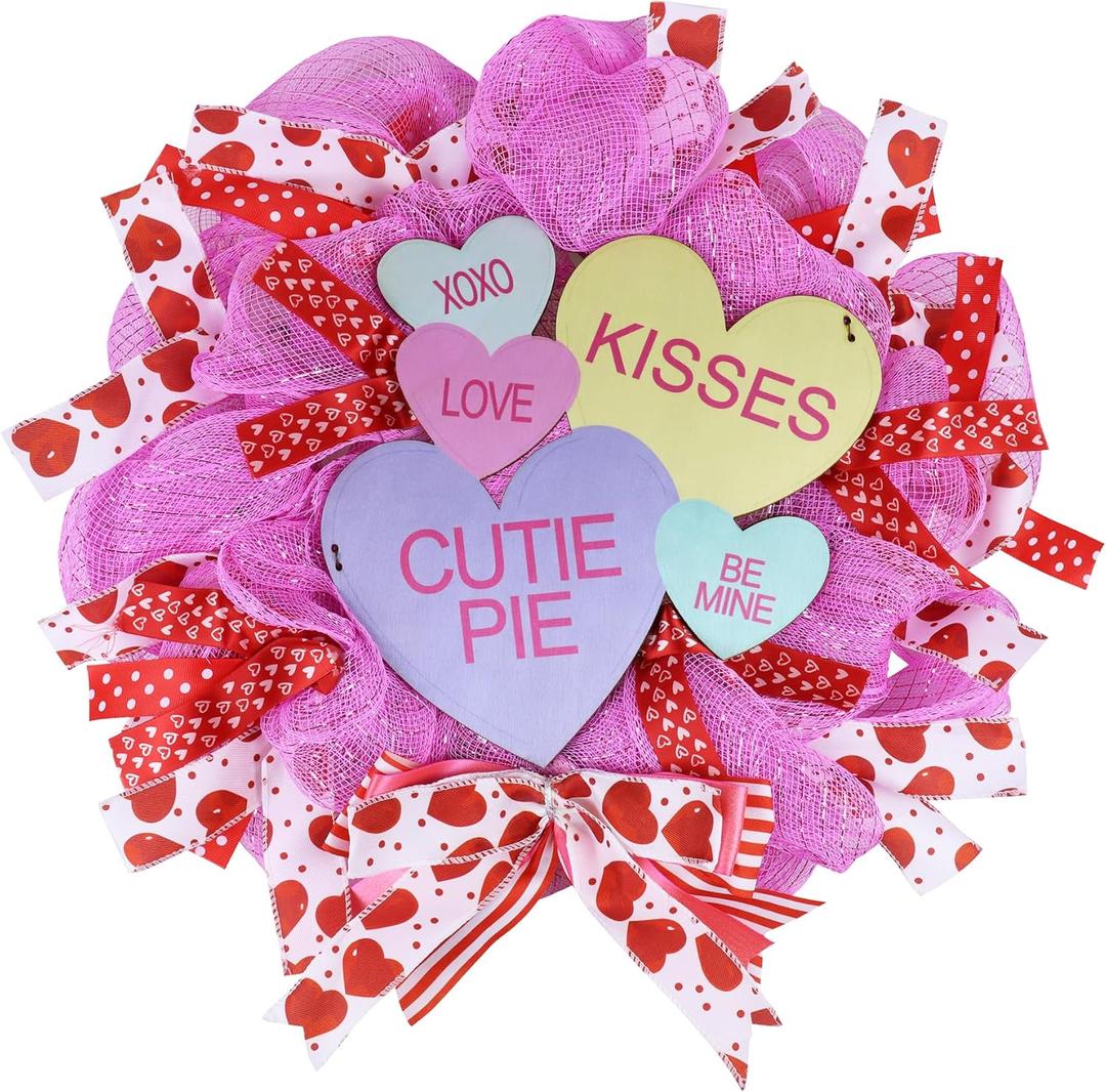 Valentine's Day Wreath, Valentines Wreaths for Front Door Conversation Candy Heart Decor with Be Mine Love Wooden Sign Fishnet Yarn Ribbon Bow, Valentines Day Door Decor for Home Outdoor Outside