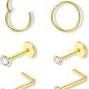 8PCS Titanium Nose Rings Stud, Gold Nose Ring for Women Men Hypoallergenic Nostril Hoops L Shape Nose Studs Corkscrew CZ Nose Piercing Jewelry Silver 18G & 20G Nose Ring Studs 2/2.5/3mm