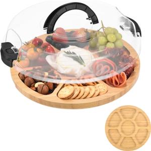 Round Charcuterie Board with Lid and Handle - Portable Cheese Board for Travel,Bamboo Cutting Board for Kitchen,Gifts for House Warming, Bridal Shower (7 Compartment, Black)