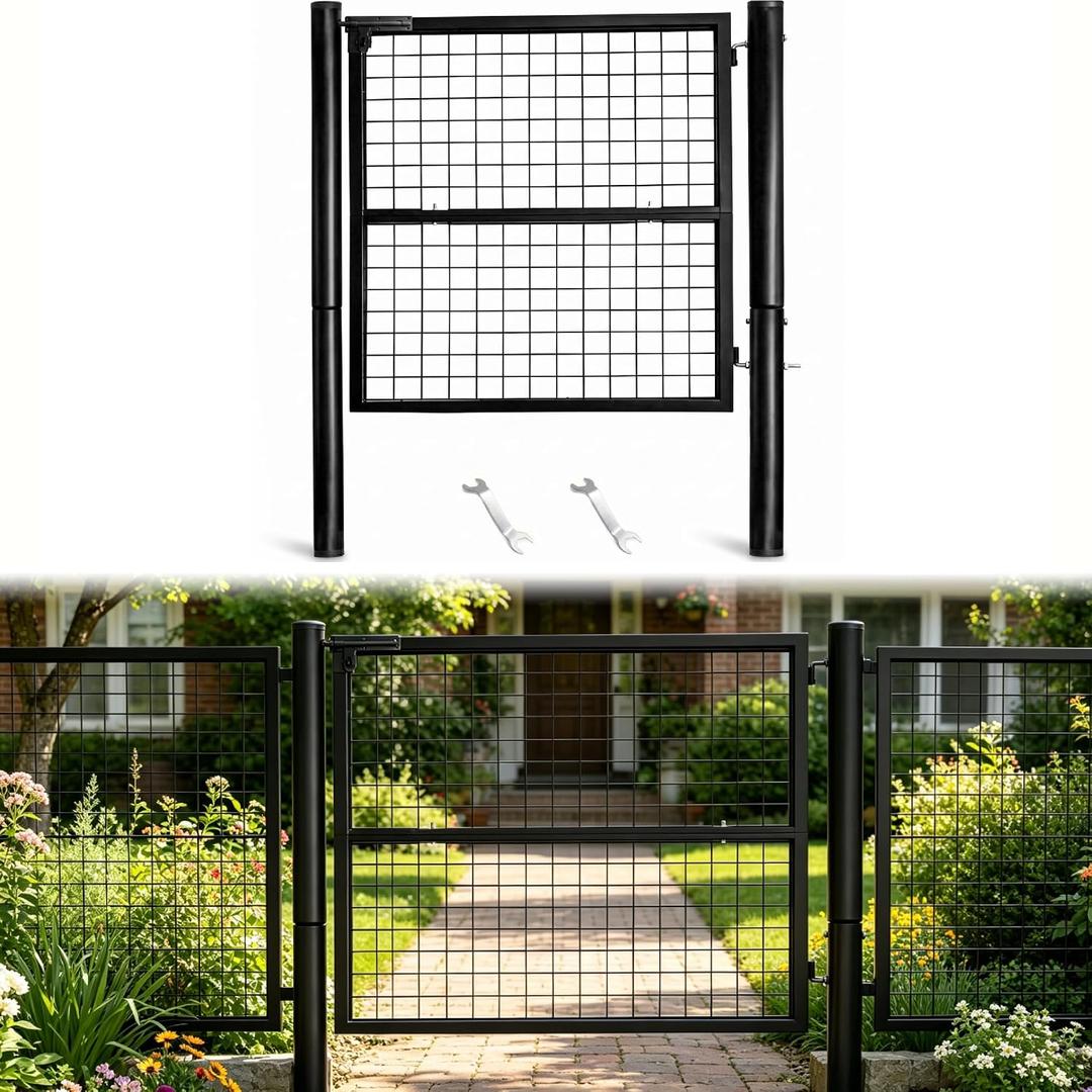 Heavy-Duty Rustproof Wire Mesh Fence Gate, 59.06in(H) x42.13in(W), Outdoor Gate with 19.6in Stable Insertion Posts, Easy DIY, Pet Containment/Garden/Yard/Patio (Black 1)