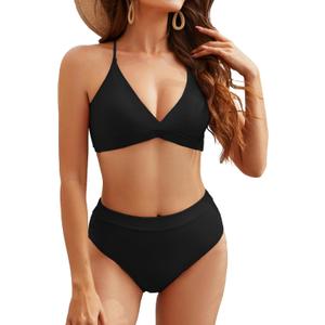 Women High Waisted Bikini Sets Criss Cross Back V Neck Bathing Suits High Cut Two Piece Swimsuits (Black, L)