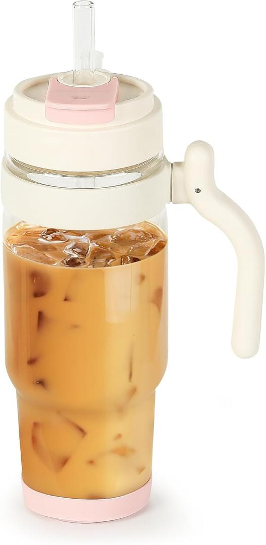 Nefeeko 32oz Glass Tumbler with Lid, Straw & Handle, Lead-Free Wide Mouth Drinking Cup for Iced Coffee, Smoothie, Water - Perfect for Office, Home, Driving & Gifts, Fits in Cup Holder (Pink)