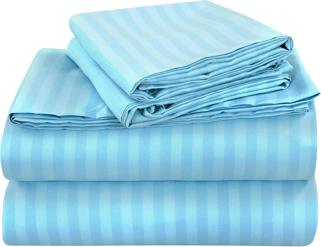 ROYALE LINENS 4 Piece Queen Sheets Set - Soft Brushed 1800 Microfiber - 1 Fitted, 1 Flat Sheet, 2 Pillow Cases - Wrinkle Free & Fade Resistant - Hotel Luxury Bed Sheets (Stripe Lake Blue, Queen)