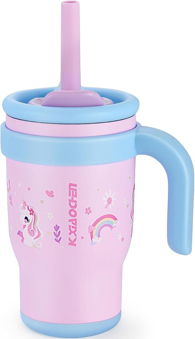 KXIAOCHEN 14 oz Kids Tumbler with Handle for Spill Proof Insulated Stainless Steel Reusable Tumbler for Toddlers, Keeps Drinks Cold up to 24 Hrs, Pink Unicorn