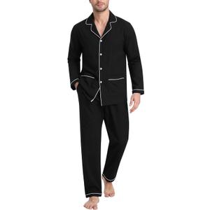 MoFiz Men's Pajama Set Soft Cotton Button Down Notched Collar Pjs Long Sleeve 2 Piece Sleepwear Lounge Nightwear with Pocket (Medium, Black)