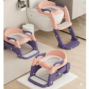 3-in-1 Toddler Potty Training Toilet Seat with Foldable Ladder Adjustable Toddler Toilet Seat for Boys & Girls with Soft Cushion, Ergonomic Backrest, Non-Slip Pedal and Safety Grips (Pink & Purple)