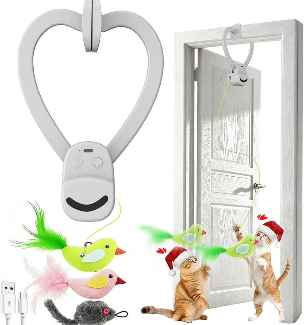 Interactive Cat Toys for Indoor Cats: Automatic Flying Bird Feather Wand Chase Exercise Enrichment Stimulation, USB Rechargeable Durable Safe Hanging Toy for Bored Kittens Adult Multi Cat Households (Grey)