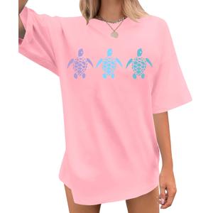 QAUN Sea Turtle Shirts Women: Oversized Hawaiian Shirt Beach Graphic T-Shirt Turtle Graphic Tee Casual Vacation Tops(Pink1, Medium) (M)