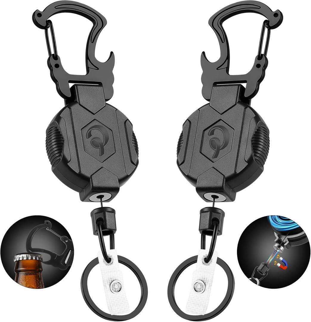 2 Pack Retractable Keychain Heavy Duty Carabiner Badge Holder with Magnetic Closure, Tactical ID Badge Reel for Men with 32 Steel Retractable Cord, Bearing 17 OZ