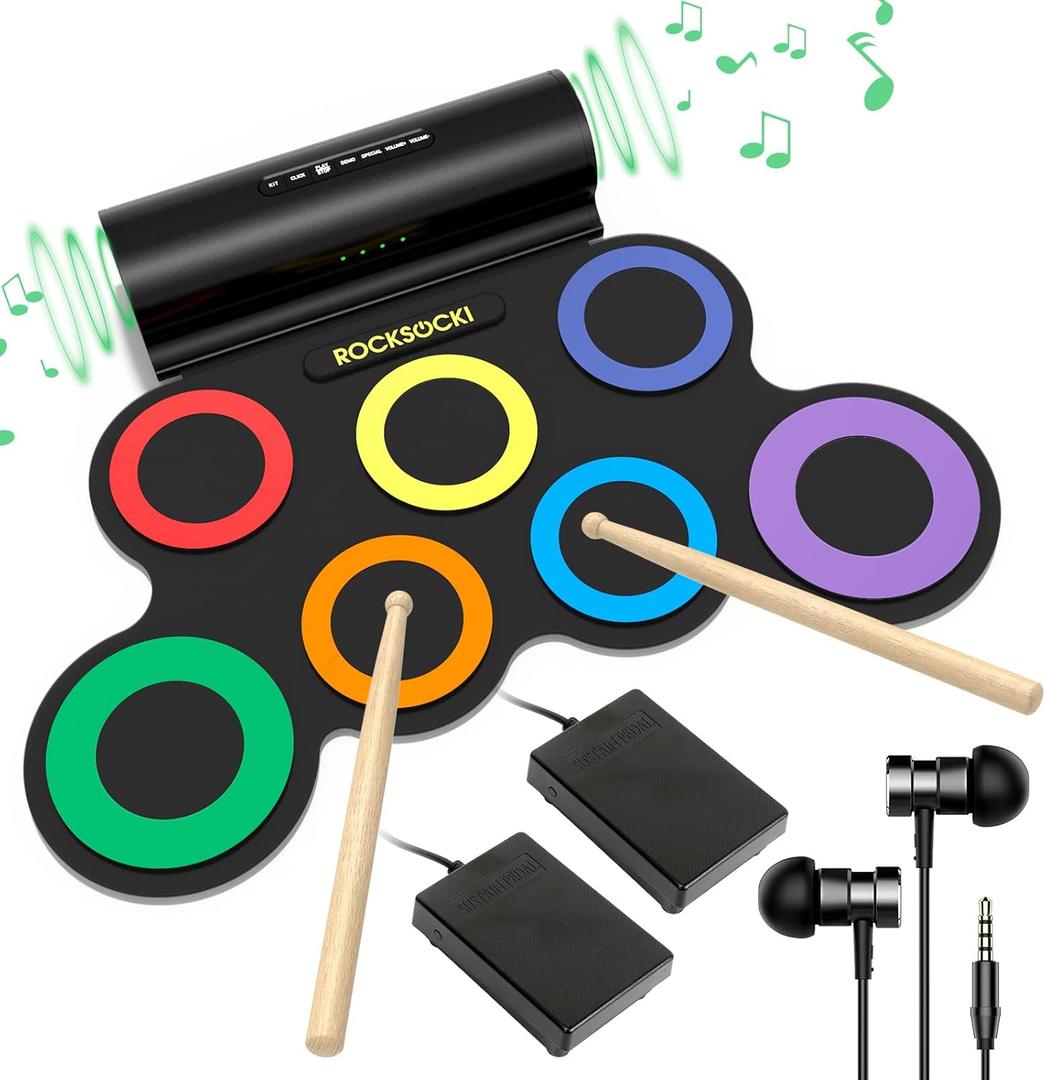 ROCKSOCKI Electric Drum Set, 7-Pad Electronic Drum Set with Headphone Included, Roll-up Drum Pad For Kids, Great Holiday Xmas Birthday Gift (Dual Speakers) (5-9 yrs old)