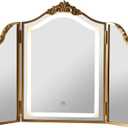 HSDDHOME Antique Gold Triple Fold Makeup Mirror with Tri-Color LED Lighting & Dimming, Baroque Carved Arch Vintage Vanity Mirror, Bohemian Decor for Bedroom/Dressing Room, 31x23 Inch