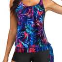 Yonique 2 Piece Swimsuit for Women Blouson Tankini Top with Shorts Tummy Control Bathing Suit (L)