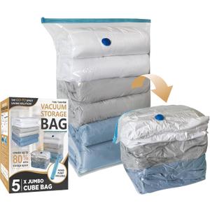 Cozy Essential 5 Pack Cube Vacuum Storage Bags, Jumbo Cubes for Sealed, Extra Large Space Saver Bags Bedding, Clothes, Comforters, Blanket, Duvets (Cube Sized), Transparent