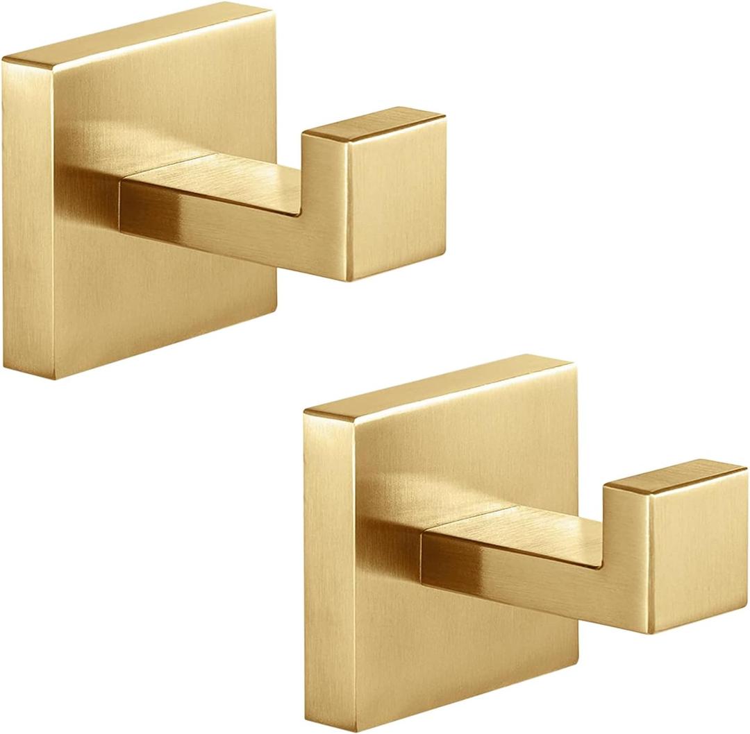 Heavy Duty Stainless Steel Towel Hooks, Wall Mounted Square Robe Hooks for Bathroom, Kitchen, Bedroom, Hotel Brushed Gold 2 Pack