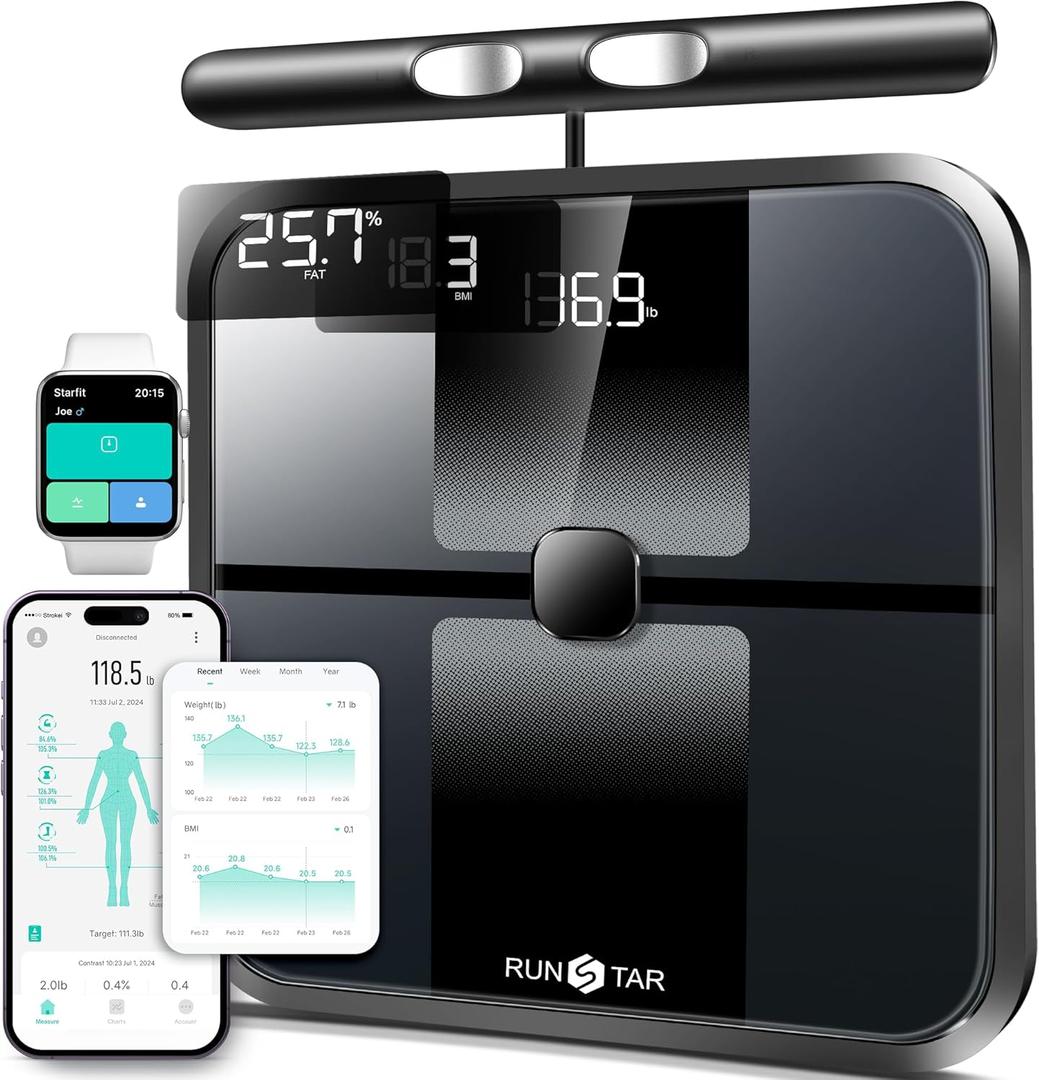 RunStar Scale for Body Weight and Fat, Full-Body Bathroom Scale with 8 Electrodes for BMI, Muscle Mass, High-Accuracy Body Composition Monitor with 28 Metrics & App Connectivity, 3-Metric Display