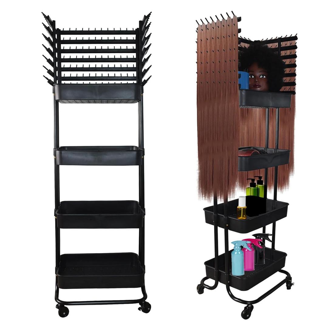 Braiding Hair Rack with 196 Pegs, Hair Extension Holder with 4 Tiers Storage Cart, Classical Black Braiding Rack Stand for Hair Braider, Sturdy Hair Rack for Salon, Home, Braiding School