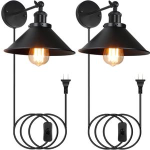 ASCELINA Plug Wall Sconce, Metal Wall Sconce Plug in, Industrial Vintage Wall Lamp Fixture, Plug in Wall Light with On Off Switch E26 Base for Restaurants Headboard Bedroom 2 Pack, Black