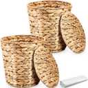 Ctosree 2 Pcs Wicker Trash Can Basket Woven Waste Basket with Lid Bathroom Wastebasket Garbage Bin with 100 Pieces of Trash Bags for Bedroom Farmhouse Home Office Kitchen(Medium) (Brown)