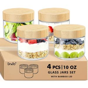 DRKIO 10 Oz Overnight Oats Containers with Bamboo Lids - 4 Pack Glass Storage Jars with Airtight Lids Wide Mouth Mason Food Jars Great for Meal Prep Salad Chia Pudding Snacks Yogurt Sugar Spice