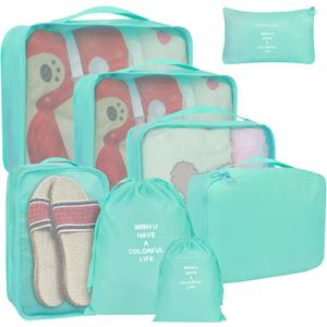 8 Set Packing Cubes for Suitcases, kingdalux Blue Travel Luggage Packing Organizers with Laundry Bag, Compression Storage Shoe Bag, Clothing Underwear Bag, for Women & Man