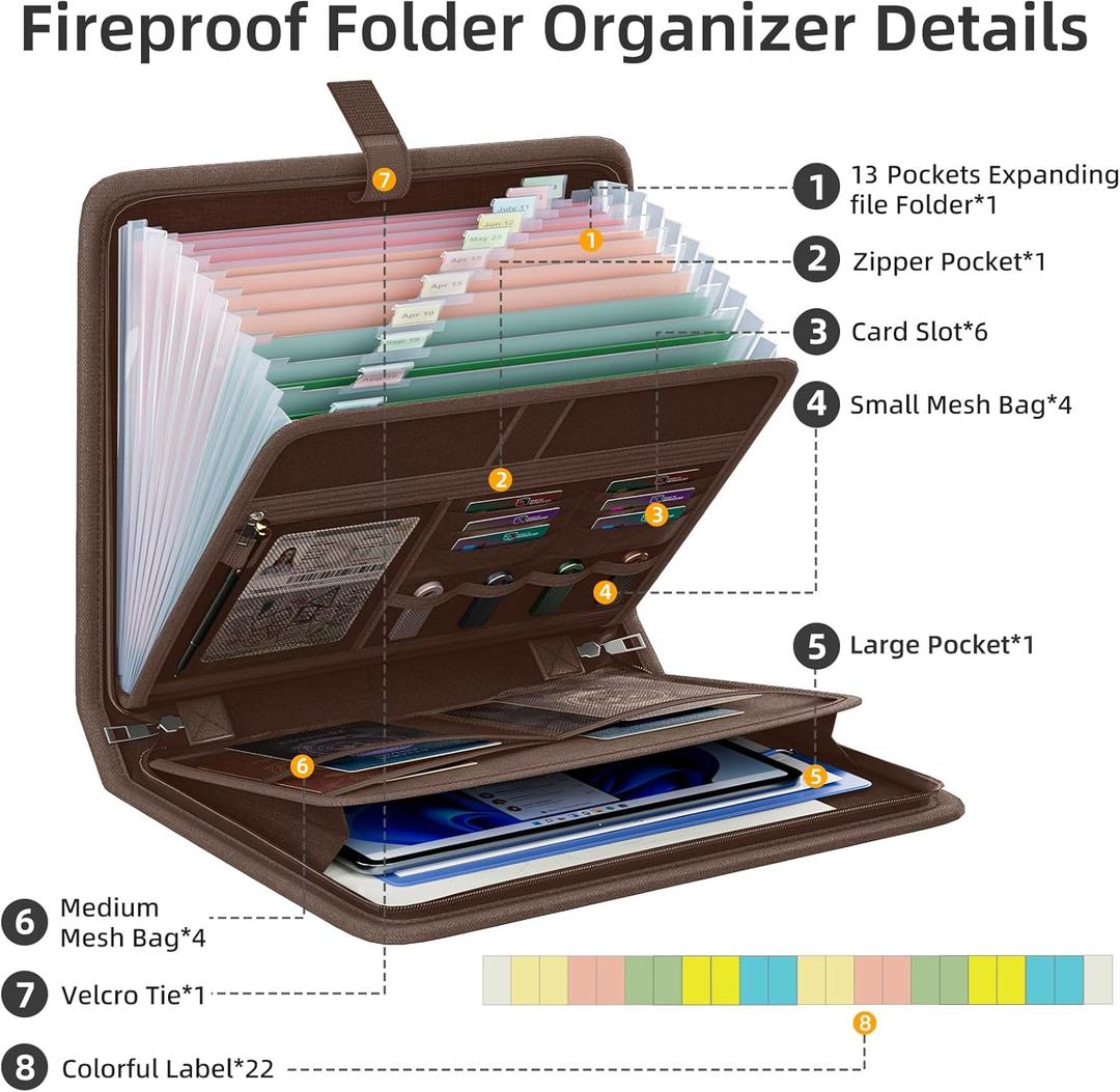 Huolewa Fireproof Accordion File Organizer, Portable Expanding File Folder with Waterproof Zipper&Labels, Brown Document Organizer with 13 Pockets, File Organizer for Important Document/Paper Storage