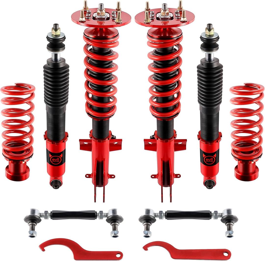 EVIL ENERGY Coilovers Compatible for Ford Mustang 2005-2014, Coilovers Suspension Kit, Height Adjustable Lowering Kit, Twin-Tube Coilover Shocks for Comfortable Ride, Red