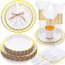 Ziliny 350 Pcs White and Gold Foil Scalloped Plate Napkin Cup for 50 Guest