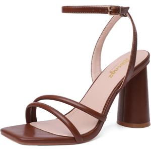 RIBONGZ Block Heels Prom Heeled Sandals for Women Chunky Square Open Toe Strappy High Heels Ankle Strap Wedding Bridal Shoes High Heel Sandals for Party Dress (7, Brown)