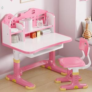 Kids Desk and Chair Set, Height Adjustable Child's School Study Writing Tables, Kids Desk with Bookstand and Storage Drawer, Widened Desktop with Desktop for Boys and Girls