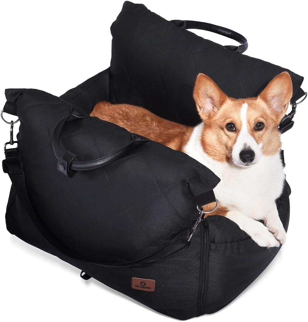 PET MARVEL Dog Car Seat for Small Dogs Up to 25 lbs, Pet Booster Seat & Travel Carrier with Safety Leash and Thick Cushion, Fully Detachable Washable Pet Bag with Storage Pocket, Portable, Black