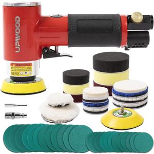 Mini Air Sander with 2'' 3'' Pads, Pneumatic Mini Sander 25mm/50mm Polisher for Auto Body Work Headlight Polishing Paint Cleaning with 24pcs Sandpapers and 16 Sanding Wheels
